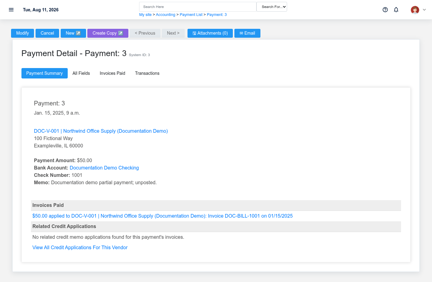 Vendor payment 1001 allocating fifty fictional dollars to invoice DOC-BILL-1001 with bank details masked.