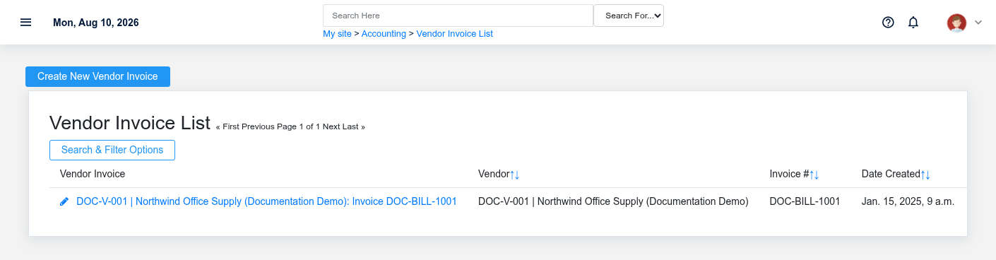 Brisk accounting module workspace displayed with fictional documentation-demo data.