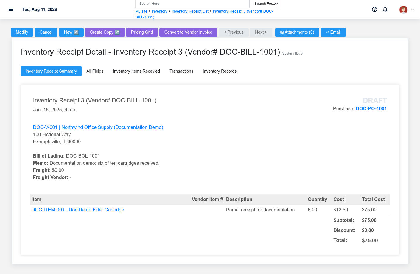 Inventory receipt DOC-BILL-1001 showing six fictional filter cartridges received.