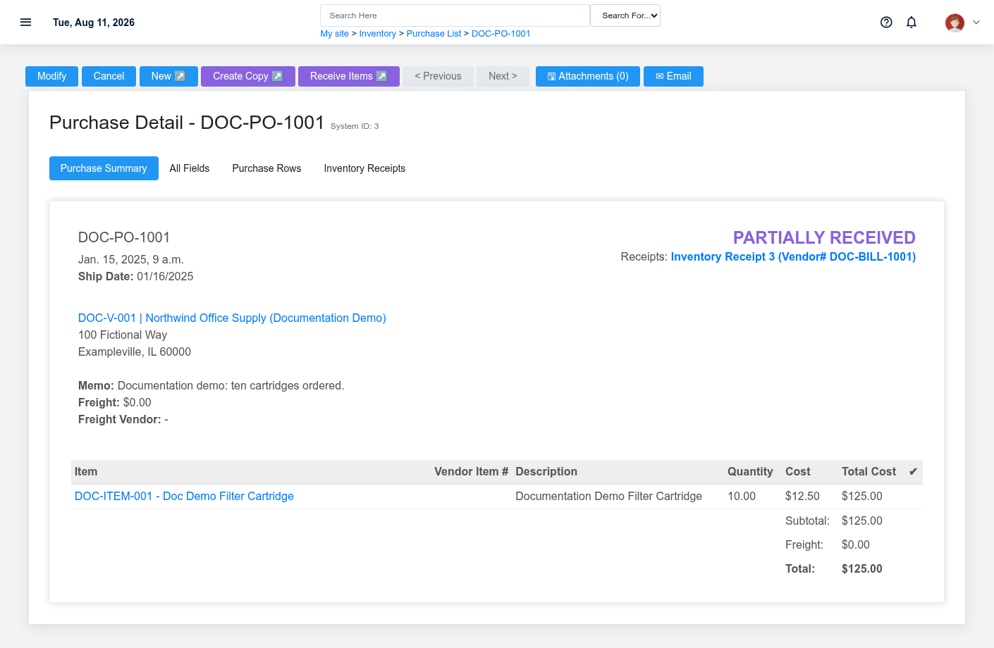 Purchase order DOC-PO-1001 showing Partially Received status and an outstanding quantity.