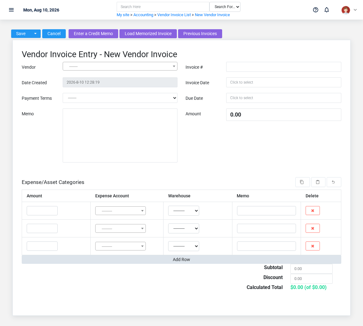Vendor invoice entry form with vendor, invoice dates, terms, totals, memo, and expense or asset lines.