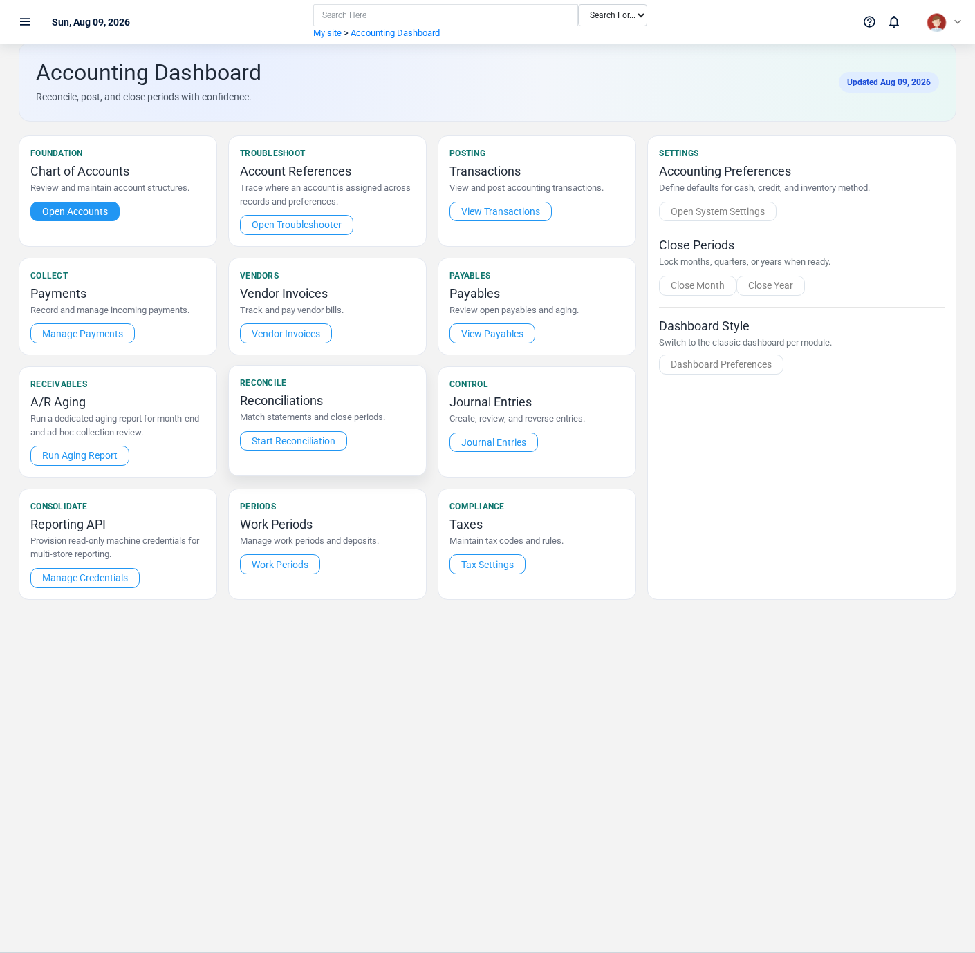 Brisk accounting module workspace displayed with fictional documentation-demo data.