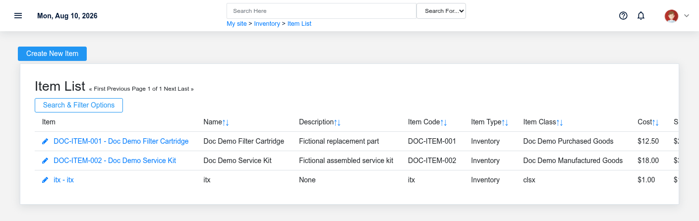 Brisk inventory module workspace displayed with fictional documentation-demo data.