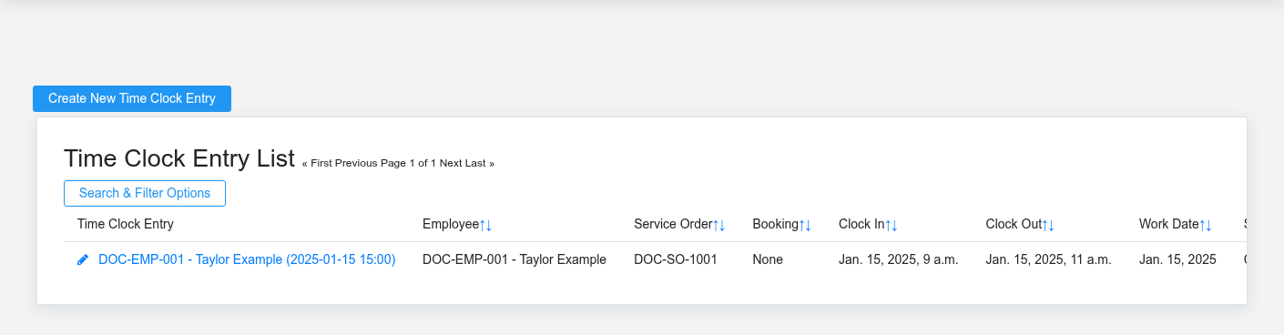 Brisk time module workspace displayed with fictional documentation-demo data.