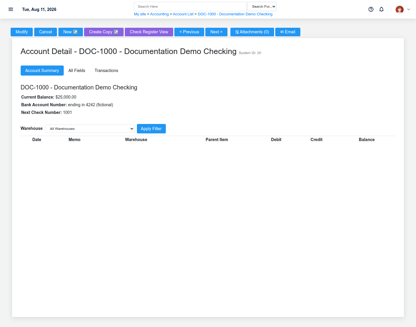Accounting Account detail illustrating a fictional, separately configured trust-liability account.