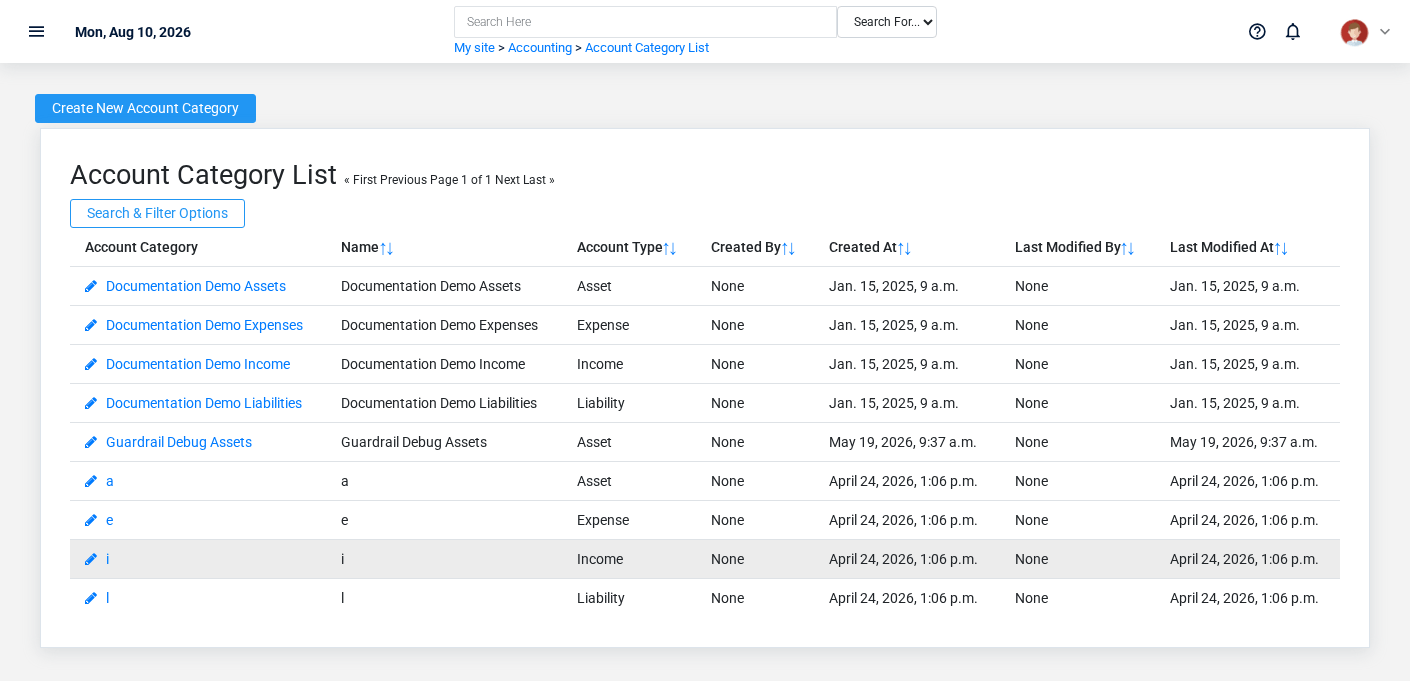 Brisk Account Categories list screen displayed with fictional documentation-demo data.