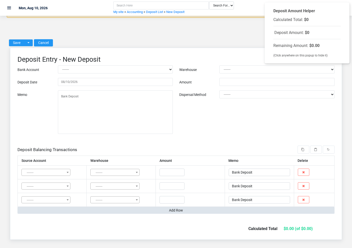 Brisk Deposits create screen displayed with fictional documentation-demo data.