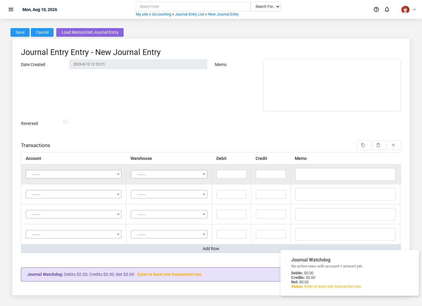 Brisk Journal Entries create screen displayed with fictional documentation-demo data.