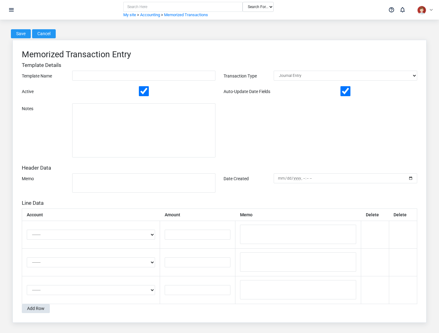 Brisk Memorized Transactions create screen displayed with fictional documentation-demo data.