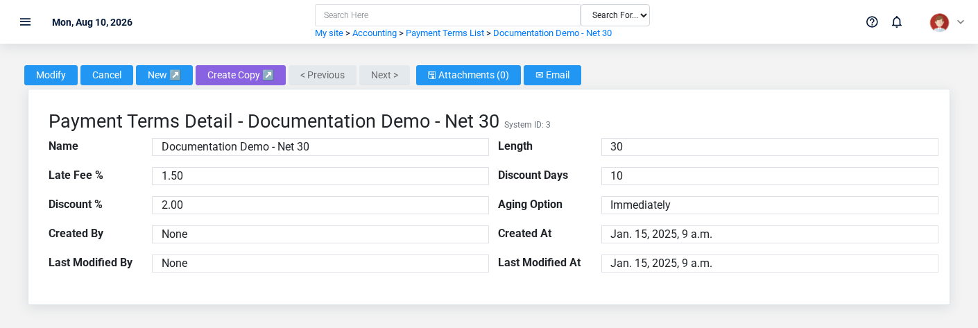 Brisk Payment Terms detail screen displayed with fictional documentation-demo data.