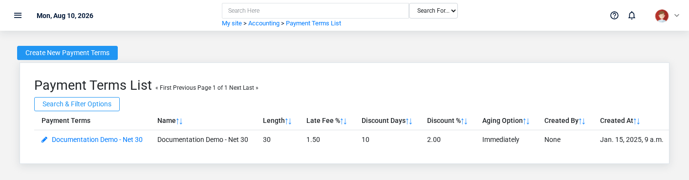 Brisk Payment Terms list screen displayed with fictional documentation-demo data.