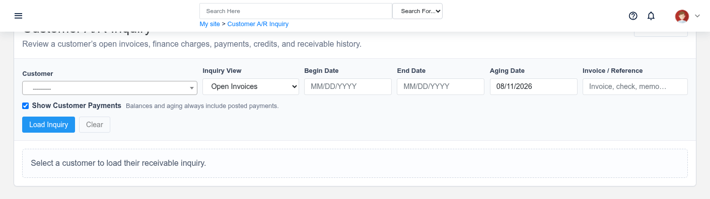 Receivable inquiry for fictional customer DOC-C-001 showing account transaction history.