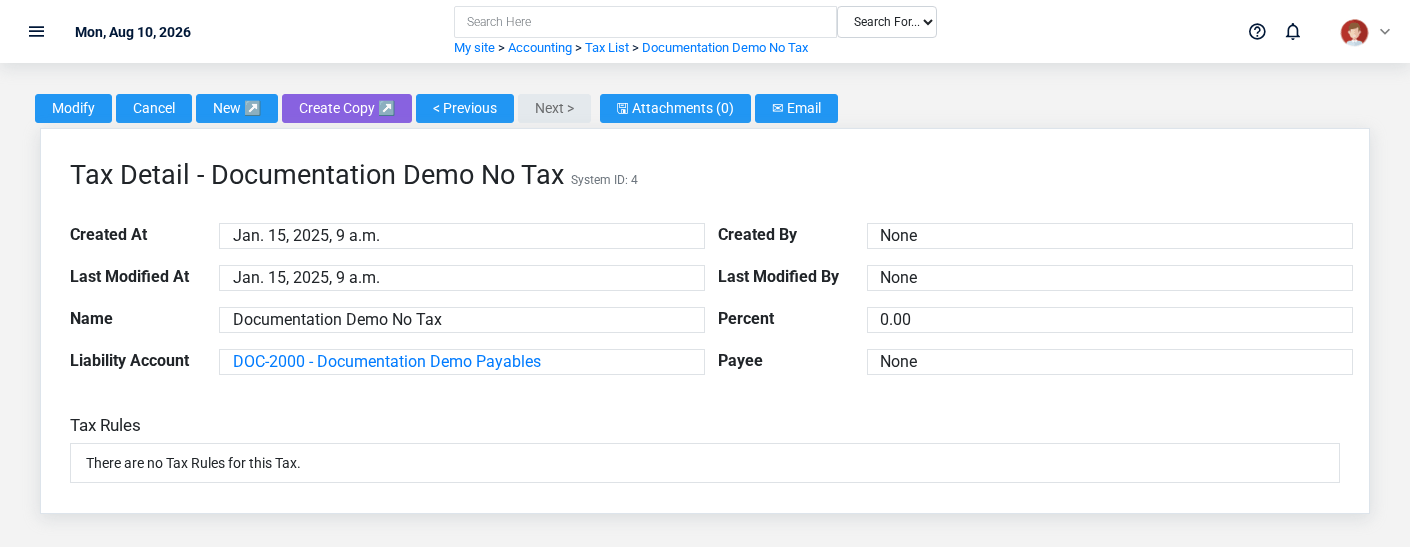 Brisk Taxes detail screen displayed with fictional documentation-demo data.