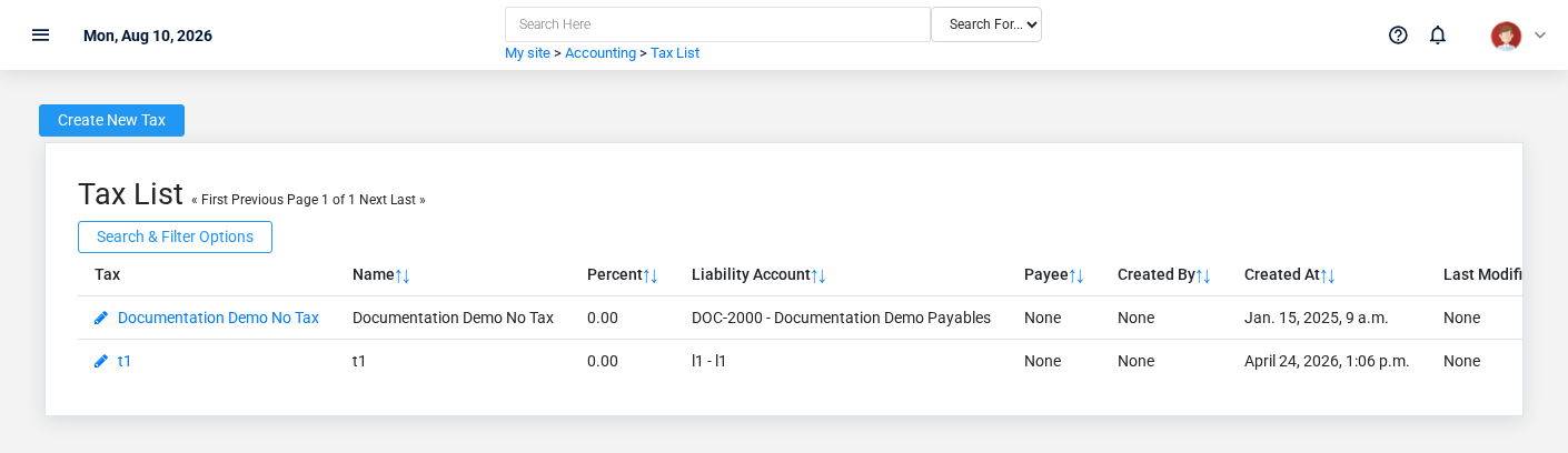 Brisk Taxes list screen displayed with fictional documentation-demo data.