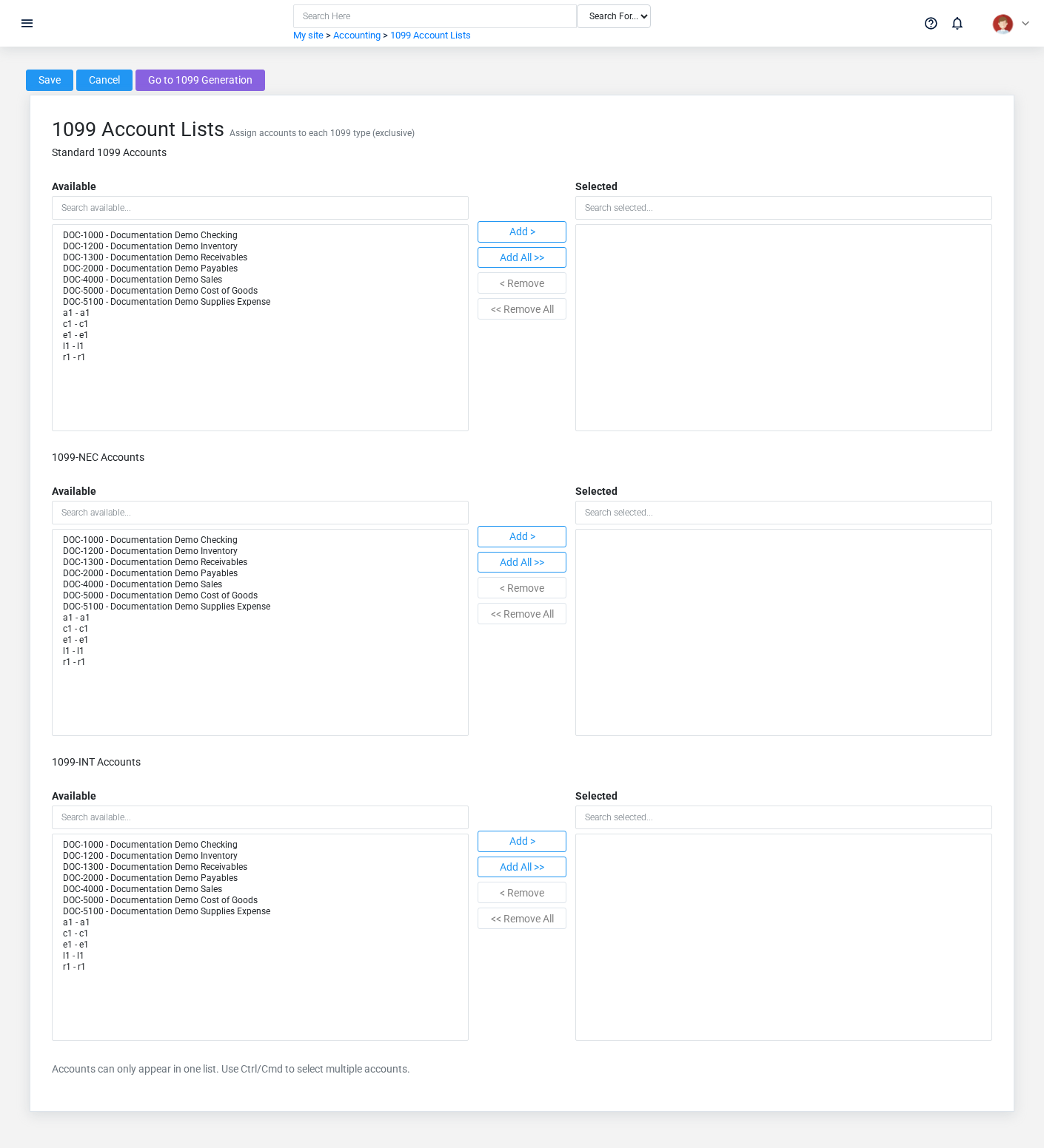 Brisk 1099 Account Configurations list screen displayed with fictional documentation-demo data.