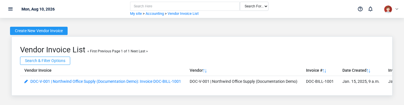 Brisk Vendor Invoices list screen displayed with fictional documentation-demo data.