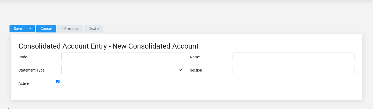 Brisk Consolidated Accounts create screen displayed with fictional documentation-demo data.