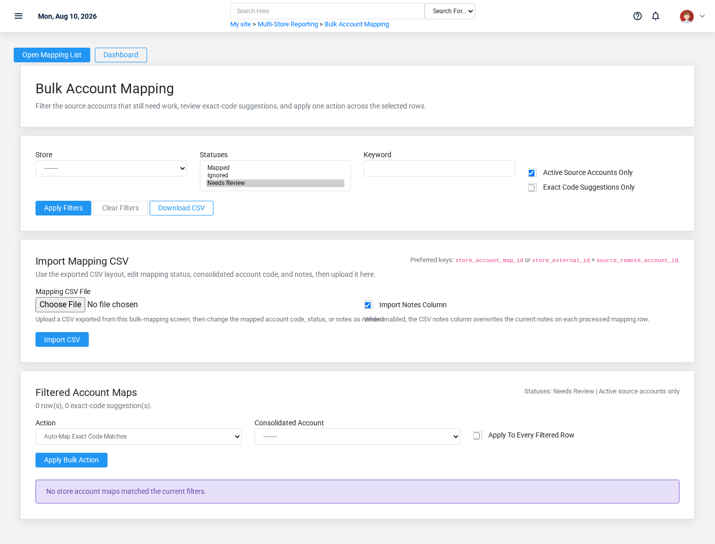 Brisk Store Account Maps overview screen displayed with fictional documentation-demo data.