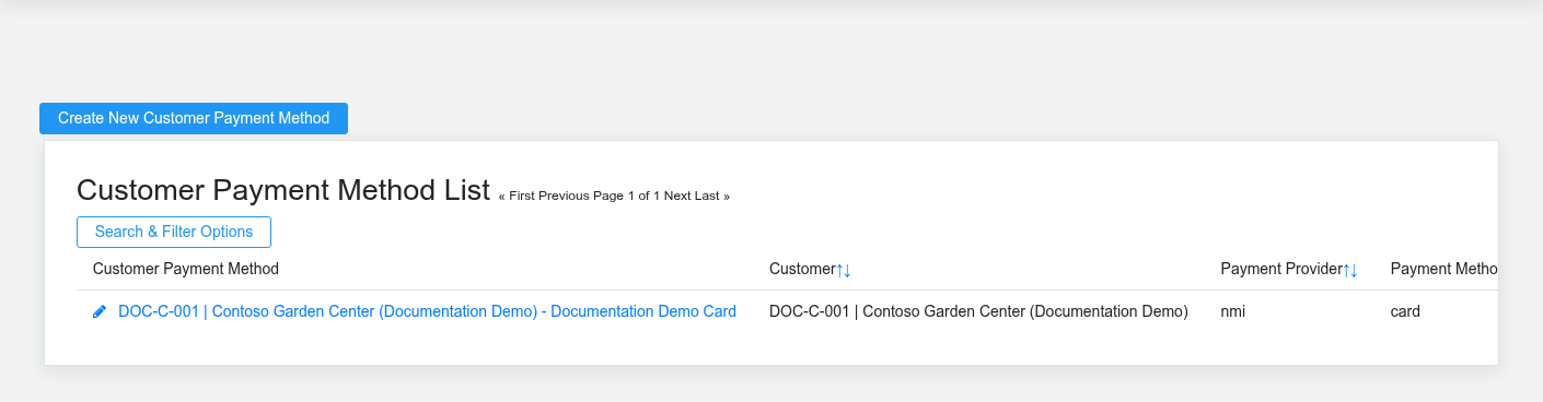 Brisk Customer Payment Methods list screen displayed with fictional documentation-demo data.