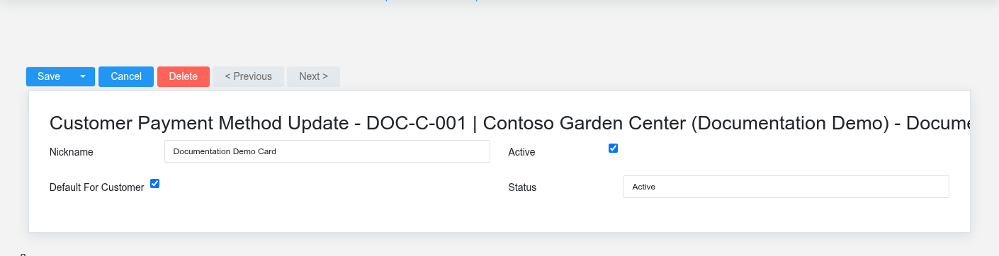 Brisk Customer Payment Methods update screen displayed with fictional documentation-demo data.