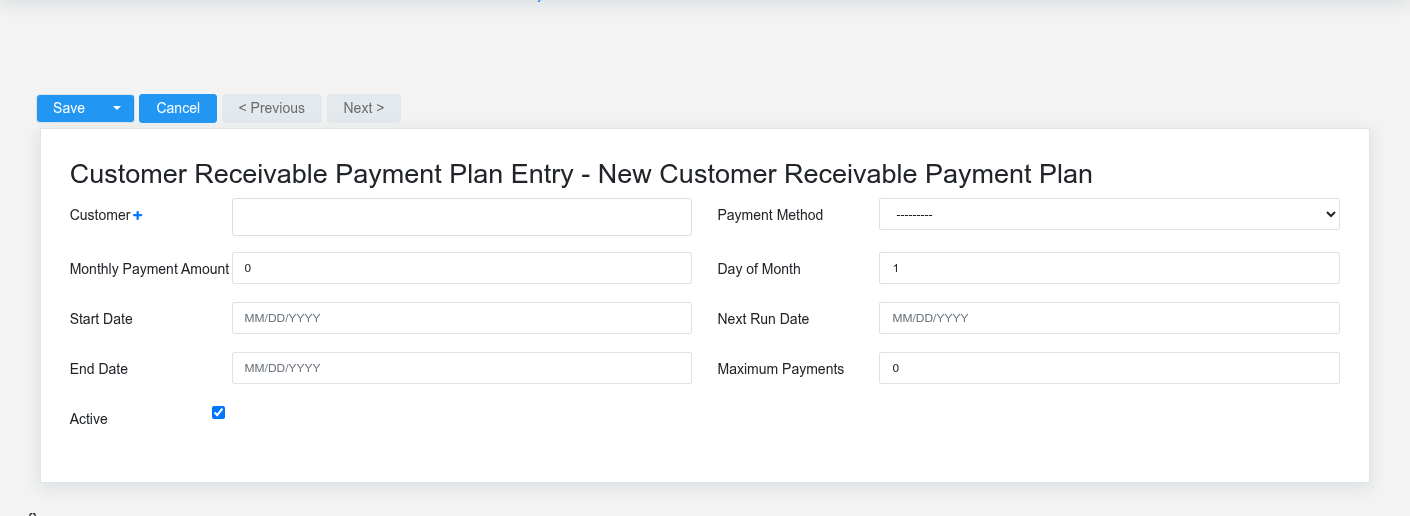 Brisk Customer Receivable Payment Plans create screen displayed with fictional documentation-demo data.