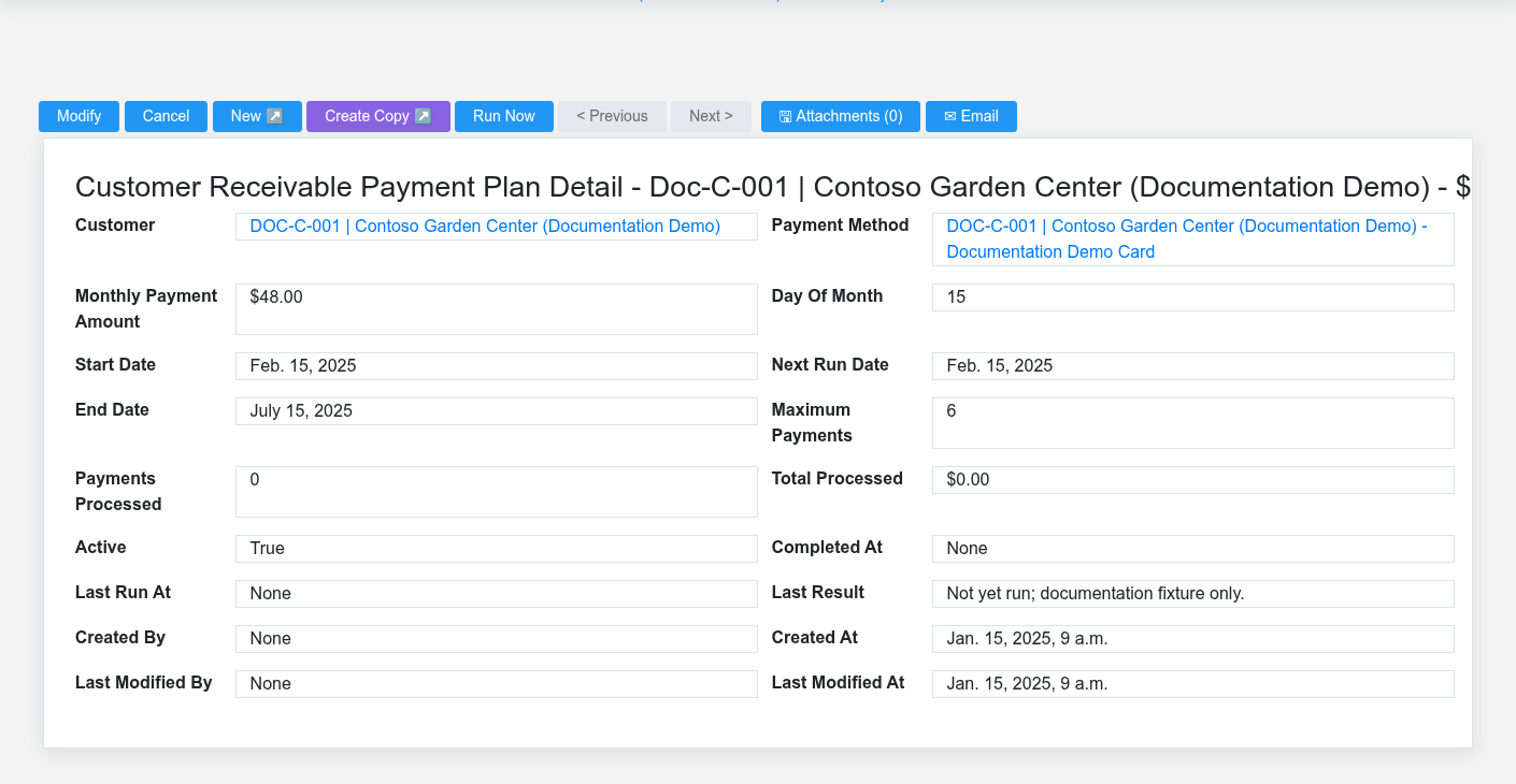 Brisk Customer Receivable Payment Plans detail screen displayed with fictional documentation-demo data.