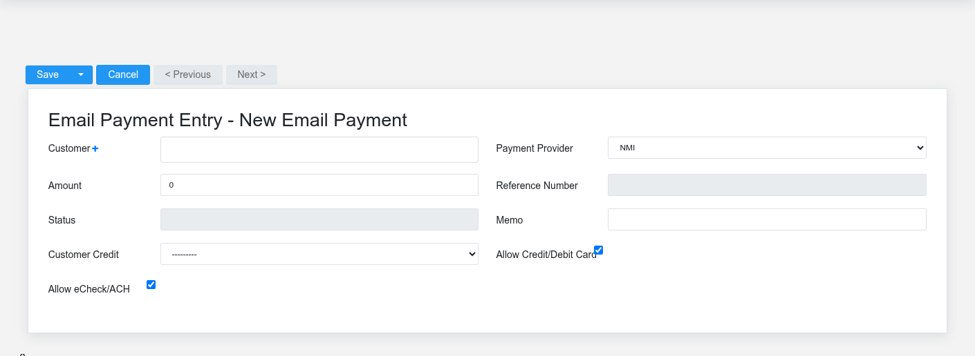 Brisk Email Payments create screen displayed with fictional documentation-demo data.