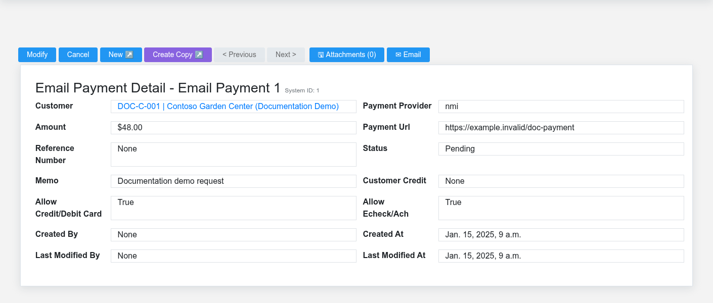 Sandbox email payment detail for fictional customer DOC-C-001 with sensitive values masked.