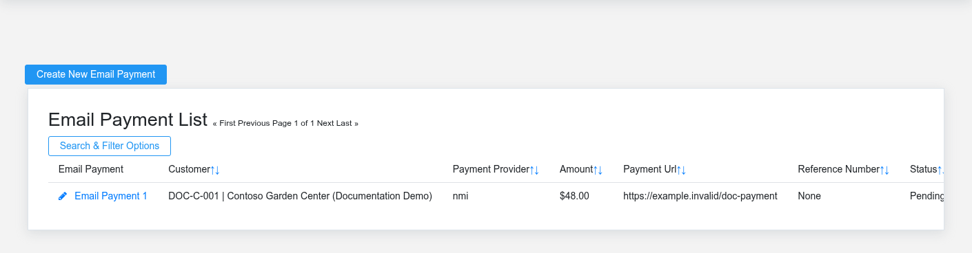 Brisk Email Payments list screen displayed with fictional documentation-demo data.