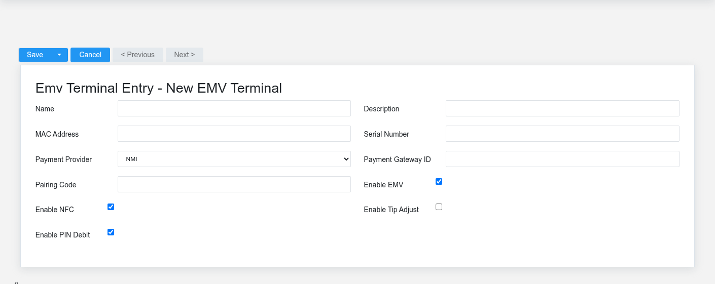 Brisk EMV Terminals create screen displayed with fictional documentation-demo data.