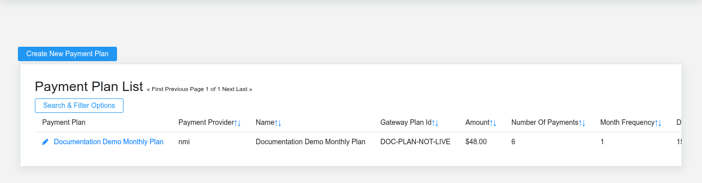 Brisk Payment Plans list screen displayed with fictional documentation-demo data.