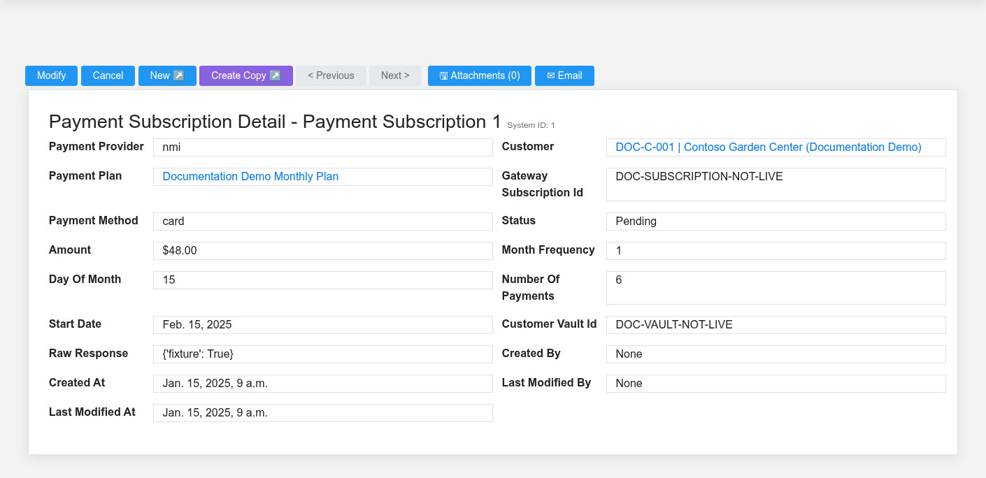 Brisk Payment Subscriptions detail screen displayed with fictional documentation-demo data.
