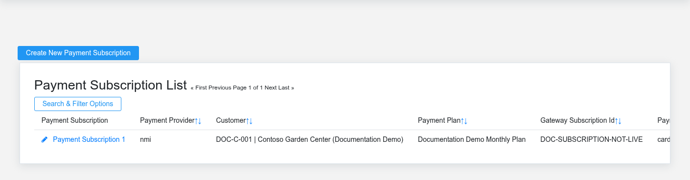Brisk Payment Subscriptions list screen displayed with fictional documentation-demo data.
