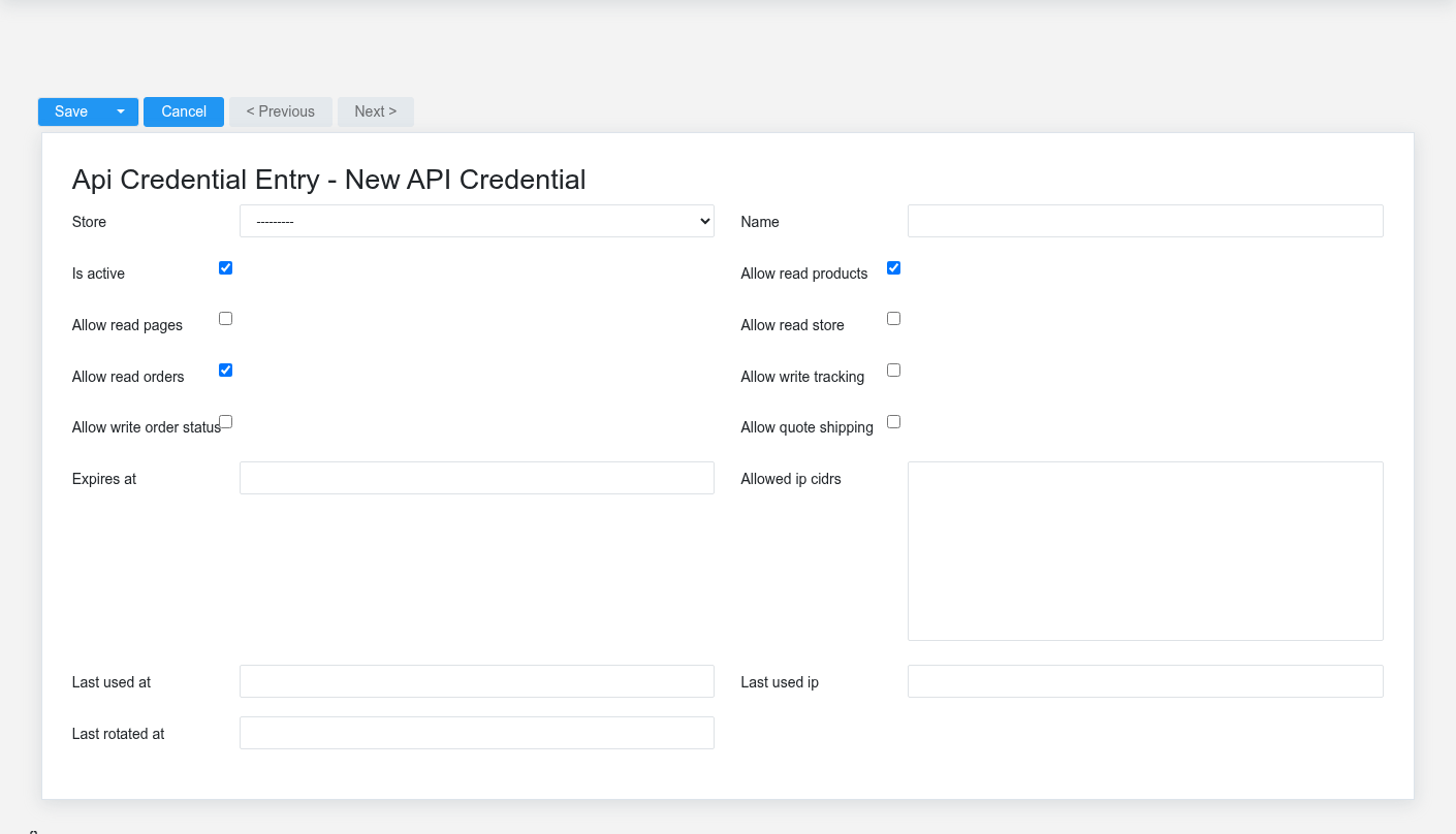 Brisk Api Credentials create screen displayed with fictional documentation-demo data.