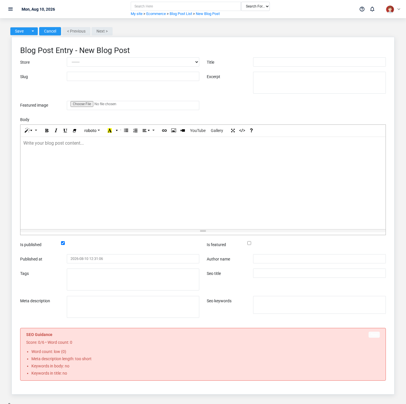 Brisk Blog Posts create screen displayed with fictional documentation-demo data.