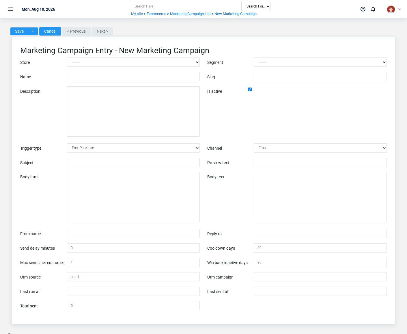 Brisk Marketing Campaigns create screen displayed with fictional documentation-demo data.