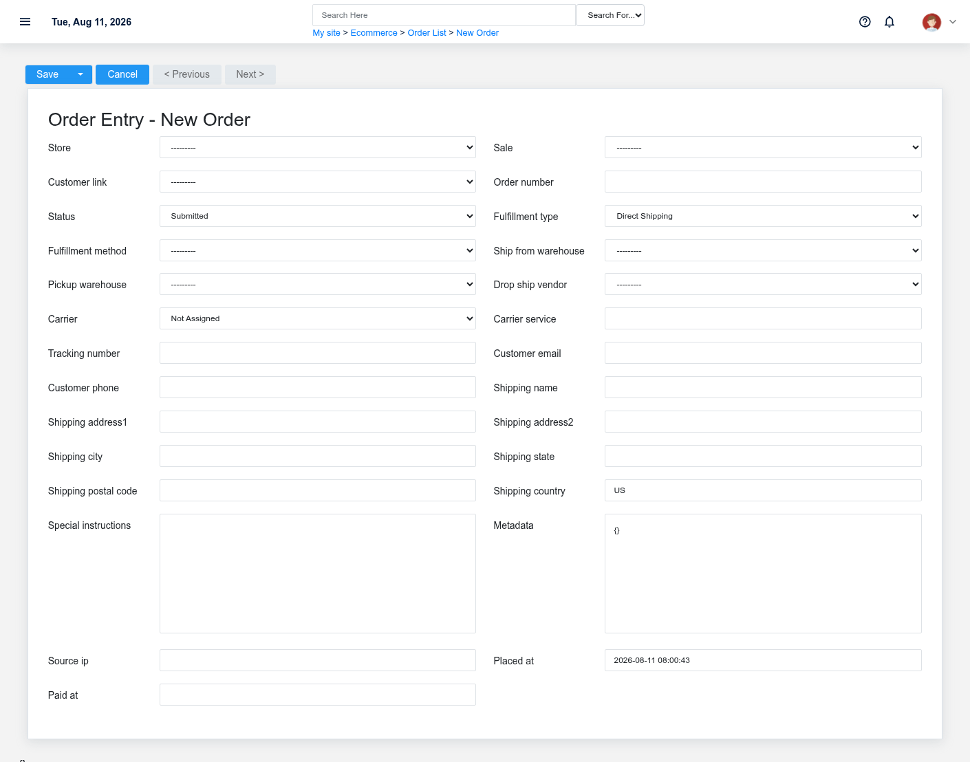 Ecommerce order form showing the back-office fields used for a fictional online order.