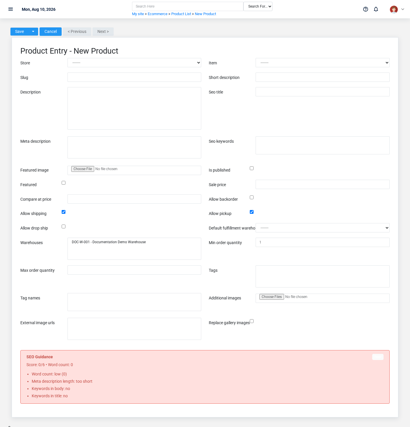 Brisk Products create screen displayed with fictional documentation-demo data.