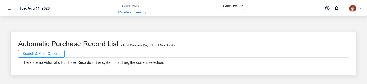 Automatic Purchase Records list showing the retained documentation restock run.