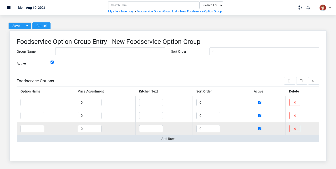 Brisk Foodservice Option Groups create screen displayed with fictional documentation-demo data.