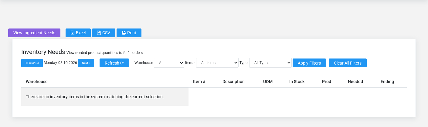 Brisk Items In Inventory list screen displayed with fictional documentation-demo data.
