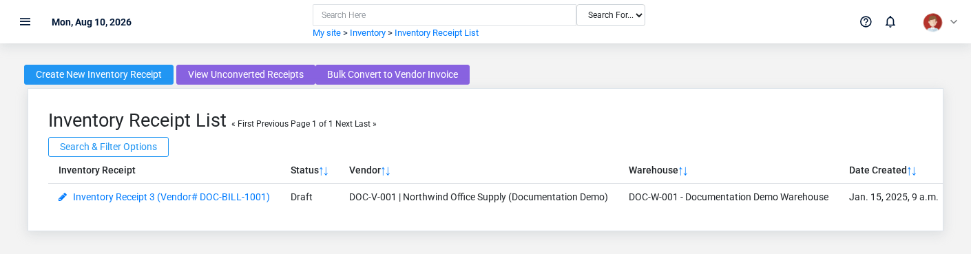 Brisk Inventory Receipts list screen displayed with fictional documentation-demo data.