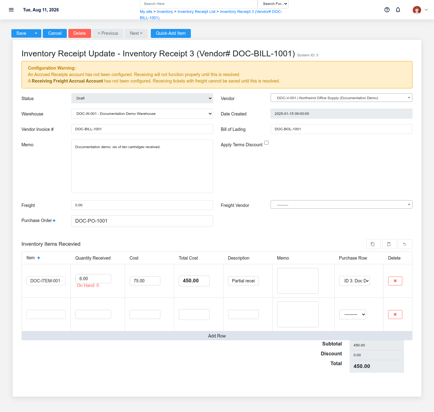 Brisk Inventory Receipts update screen displayed with fictional documentation-demo data.
