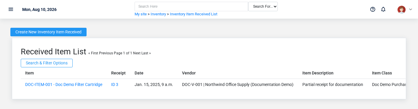 Brisk Inventory Items Recevied list screen displayed with fictional documentation-demo data.