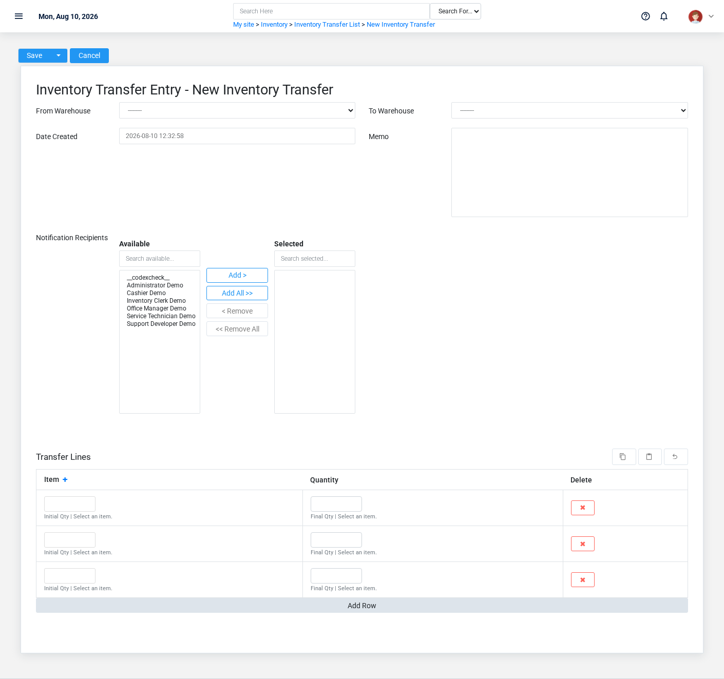 Brisk Inventory Transfers create screen displayed with fictional documentation-demo data.