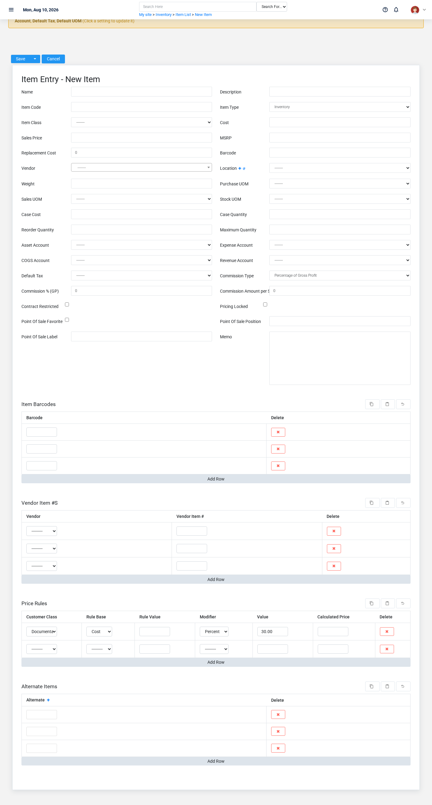 Brisk Items create screen displayed with fictional documentation-demo data.