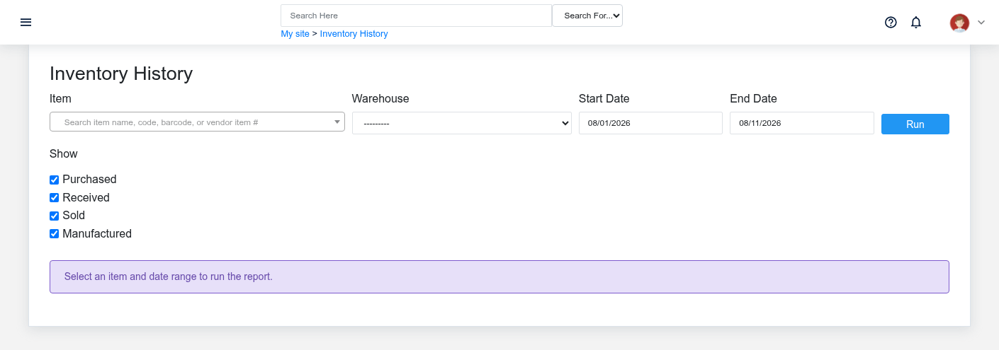 Inventory history for fictional stocked item DOC-ITEM-001 used by an online order.