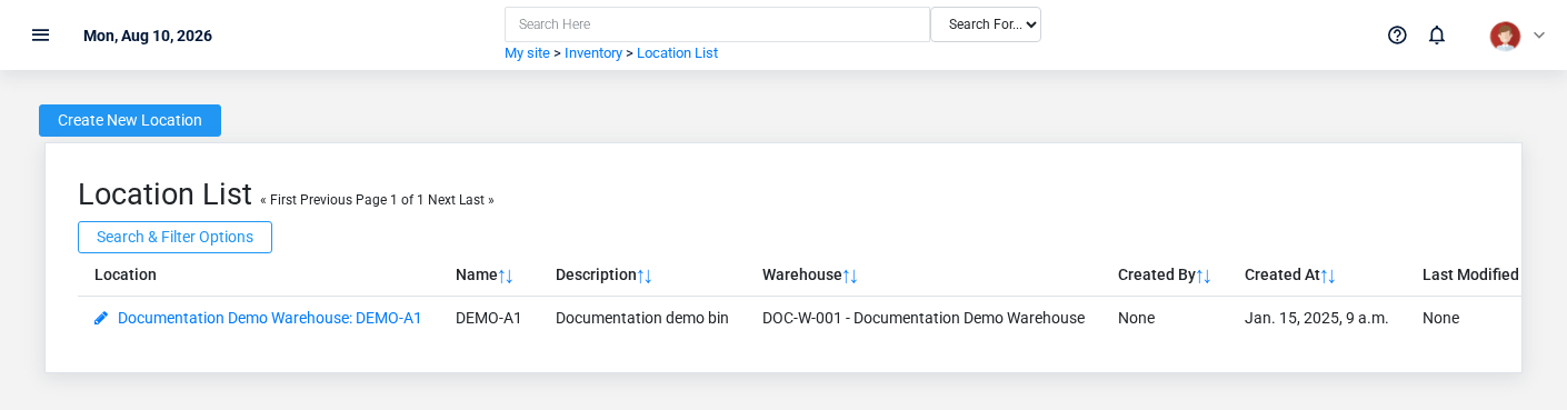 Brisk Locations list screen displayed with fictional documentation-demo data.