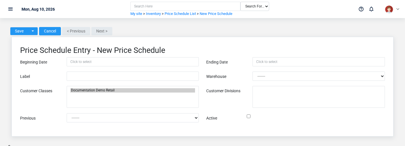 Brisk Price Schedules create screen displayed with fictional documentation-demo data.