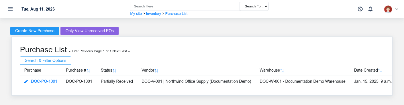 Purchase Orders list containing fictional documentation purchase orders.